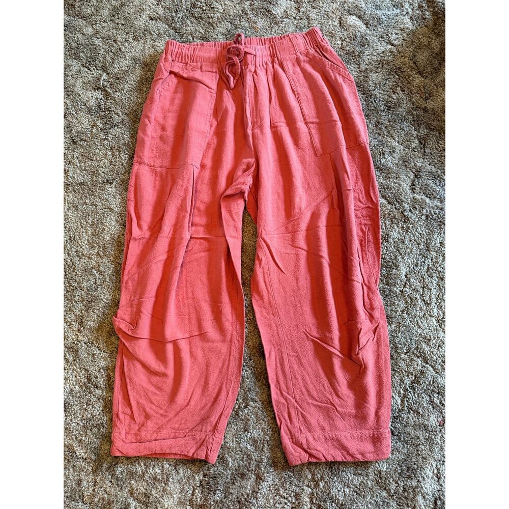 TARSE Coral Pink Linen Rayon Blend Wide Leg Drawstring Pants Resort Wear